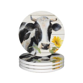 Cow Coasters for Drinks Set of 4, 4 inch Absorbent Diatomite Ceramics Coasters for Coffee Table With Cork Base, Suitable for Dining Tables, Desks, Restaurants, Cafes(Yellow Flower Wooden Background)