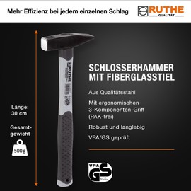 Ruthe 3003017119 Schlosserhammer deutsche Form VPA/GS mit Fiberglasstiel, 300 g