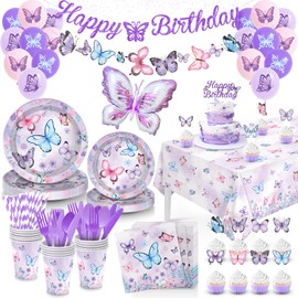 Butterfly Birthday Decorations, Butterfly Decorations Purple Birthday Decorations Tableware, 163 Pcs Butterflies Decorations Birthday Decorations for Girls, Serves 16