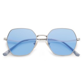 SOJOS SJ1101 - anteojos de sol cuadradas hexagonales para mujer, caras pequeñas, marco de alambre de borde dorado, polígono geométrico SJ1101, Azul plateado, M