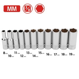 Ingersoll Rand 11-Piece 3/8 in. Drive Metric Deep Socket Set – 6-Point, Sizes 8mm to 19mm, Mirror-Polished Chrome Vanadium Steel with Vertical Knurling and Thermoform Tray – 752049X