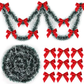 Sprinlot Gerlande Christmas Dark Green, 10 m Tinsel Garland with 24 Red Bows, Christmas Tree Garland, Shiny Christmas Tree Decoration Garlands