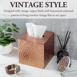 MyGift Vintage Hammered Tissue Box Cover with Copper Tone Metal Finish, Cube Bathroom Facial Tissue Holder, Decorative Pebbled Texture Square Tissue Holder with Open Bottom - Handcrafted in India