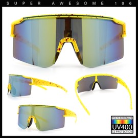 Color Mirror Lens Oversized Half Rim Sport Rectangle Monoblock Shield Plastic Sunglasses Yellow - Teal Mirror
