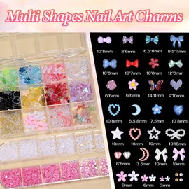 3D Nail Charms Flower Nail Charms, Mix Bow Flowers Butterfly Star Heart Moon Acrylic Nail Art Charms, Pink White Small Blossom Beads Gems for Nails, Assorted Nail Gems Charms for Nail DIY