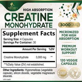 Creatine Monohydrate Capsules 3000mg – Best Micronized Creatine Powder - Supports Lean Muscle, Strength, Energy, & Endurance - Nature's Supplement, Non-GMO, Gluten Free for Women & Men - 120 Capsules