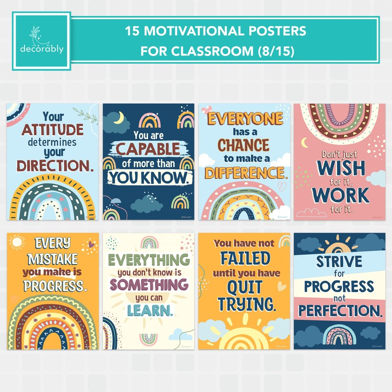 Decorably 15 Boho Rainbow Motivational Classroom Posters, 11x14in Matte-Laminated Inspirational