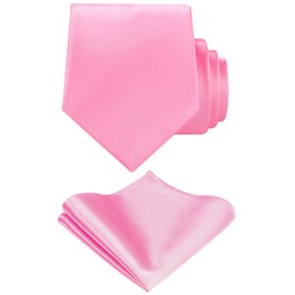TIE G Solid Satin Color Formal Necktie and Pocket Square Sets in Gift Box (Hot Pink)