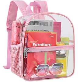 Busiuw Clear Backpack for Stadium Events 12x12x6 Mini Small Clear Backpack with Front Pocket for Concert Sport Events Work Travel(Pink)