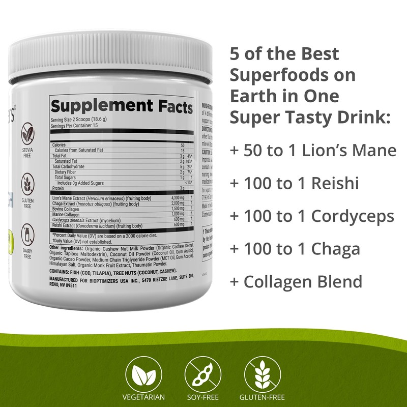 BiOptimizers Chocolicious Mushroom Breakthrough | Nootropic Supplement Blended Powder of