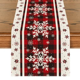 Artoid Mode Buffalo Plaid Snowflakes Christmas Table Runner, Seasonal Winter Kitchen Dining Table Decoration for Home Party Decor 13x108 Inch