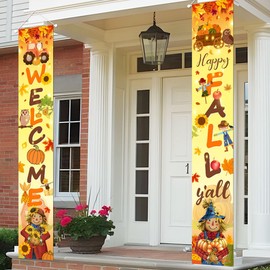 Fall Decorations Welcome Happy Fall Y'all Porch Banner Autumn Scarecrow Pumpkin Front Door Sign Welcome Banner for Indoor Outdoor Home Farmhouse Wall Door Fall Thanksgiving Party Decorations