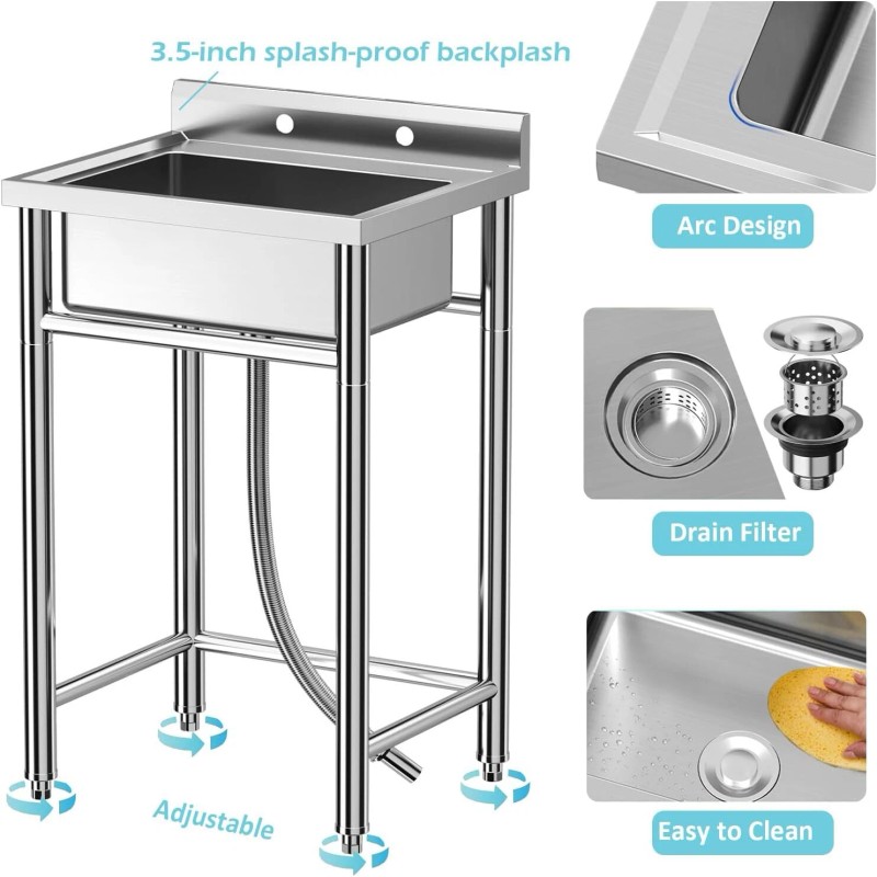 Unbranded 28"x24"x40" Commercial Kitchen Sink Single Bowl Stainless Steel Utility