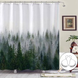 Zussun Misty Forest Shower Curtain Dark Green White Nature Shower Curtains for Bathroom Pine Tree Foggy Woodland Birds Waterproof Fabric Decorative Bath Curtain 72'' × 72''