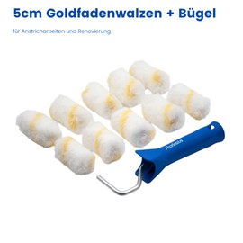 Profesius Farbroller Set 12 teilig, mit Farbwanne, Malerbügel und 10 Goldfadenwalzen 5cm für Wandfarbe, Malerset für Streich und Rennovierungsarbeiten