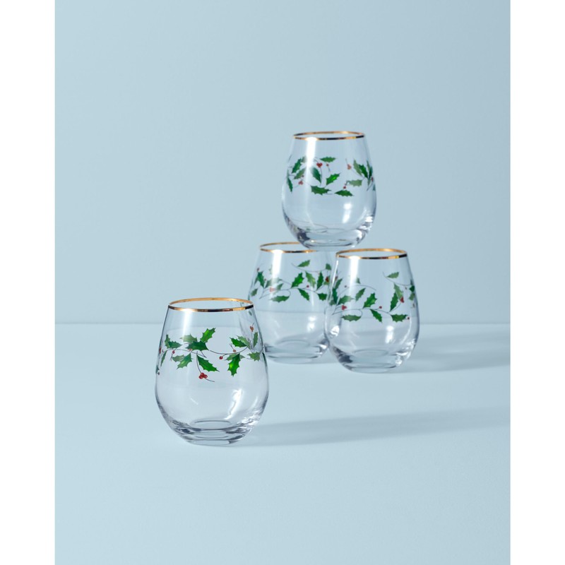 Lenox 888202 Holiday 4-Piece Stemless Wine Glasses, Christmas Drinkware Set,
