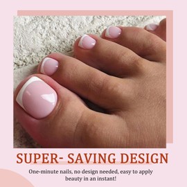 French Toe Nails - 240pcs Short Square False Toenails - White French Tip Pink Fake Nails With Glue Set - Acrylic Full Cover Stick On Toenails - Glossy Press On Toes Nails For Women Girls
