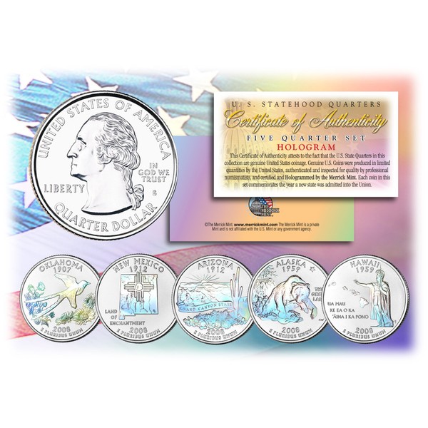 2008 US Statehood Quarters HOLOGRAM 5-Coin Complete Set w/Capsules & COA