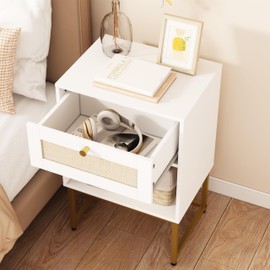 JOONEE Rattan Nightstand,Farmhouse Modern Boho Bedside Table with Storage Drawer and Open Shelf,Small Gold Frame Side End Table for Bedroom,Living Room,Office(White)