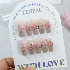 TENPAL Gradient Pink Nails,Handmade Press on Nails Medium,Cat Eye Nails with Butterfly Rhinestones Designs, Reusable Glitter Soft Gel Fake Nails with Tools,Glossy Korean Nails for Daily, Small Size