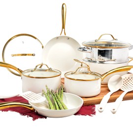 Gotham Steel 15 Pc Ceramic Cookware Set, Ceramic Pots and Pans Set Non Stick with Cooking Utensils and Steamer, Non Toxic PFOA PFOS Free, Premium Gold Stay Cool Handles, Oven & Dishwasher Safe