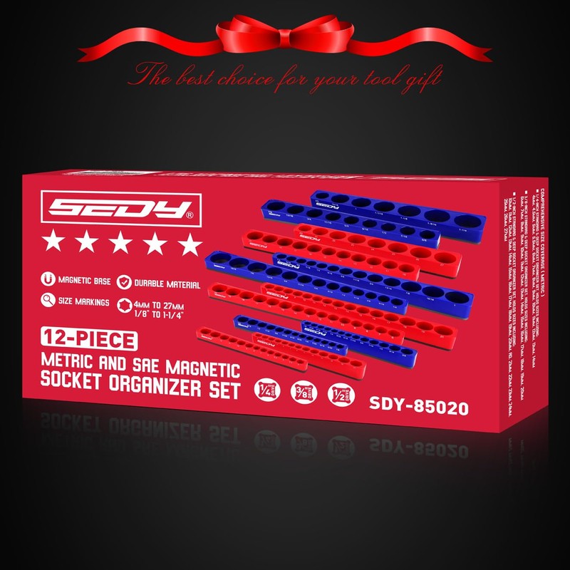 12-Piece 1/4" 3/8" 1/2"-Drive SAE & Metric Magnetic Socket Organizer
