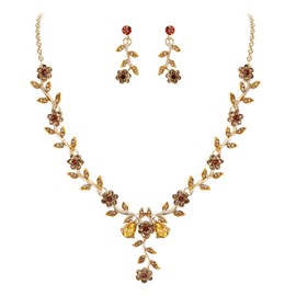 BriLove Women's Wedding Jewelry Leaf Cluster Flower Crystal Dangle Earrings Pendant Necklace Set for Bridal Champagne