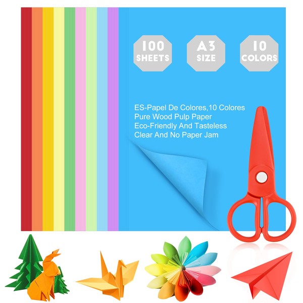 100 Sheets Coloured Paper, A3 Coloured Card Origami Paper Double Sided for Children's Art & Craft Activities(120gsm), 10 Colors Cardboard Craft Handmade Paper Construction Paper, 420 mm X 297 mm