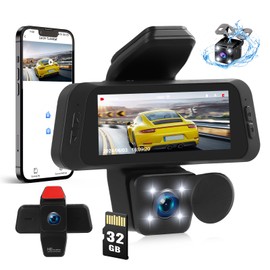 3 Channel Dash Cam Front and Rear Inside, WiFi Dash Camera for Cars with 32GB Card, Dashcam with Night Vision, G-Sensor, 3" IPS Display, Triple Car Camera, Loop Recording, Driving Recorder