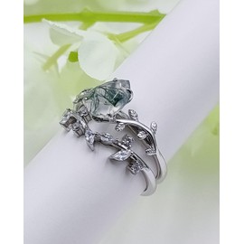Wasee Natural Moss Agate Ring Set 925 Sterling Silver Green Pear Moss Agate Engagement Ring Wedding Promise Ring for Women,Ring Size 7