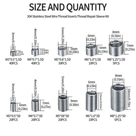 200 Pieces Helicoil Set, Stainless Steel Wire Thread Repair Insert Assortment, Wire Thread Inserts, M3 M4 M5 M6 M8 Thread Repair Kit, Helicoil Type Screw Repair Sleeves Running Wire Thread