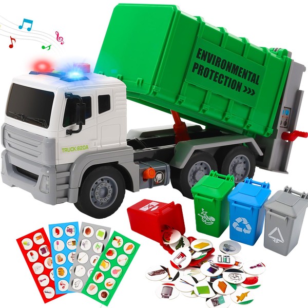 CUTE STONE 12" Garbage Truck Toys Trash Truck Recycle Truck with Sound and Light, Friction Powered Truck with 4 Garbage Cans, Push and Go Pull Back Car, Christmas Birthday Gift for Boys Kids