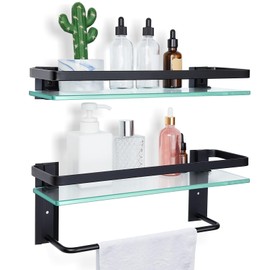 Suzile 2 Pack Contemporary Bathroom Shelf, 15.7 x 4.72 inches, Wall Mount Floating Shelves with Towel Bar, Tempered Glass, Set of 2 (Black)