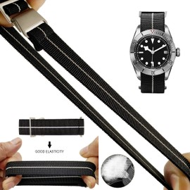 60's French Troops Parachute Special Elastic Nylon Watch Band Man's Universal Hook-and-Loop Nylon Strap 20/21/22mm(20mm, Black with White)