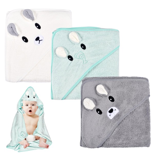 Funmo Hooded Towel Baby 3 Pieces Baby Towel Hood Baby Bath Towel Baby Towel with Hood 80 x 80 cm for Baby Bathing, Soft Super Absorbent, Cute Baby Hooded Towel with Pattern 0-5 Years (A)