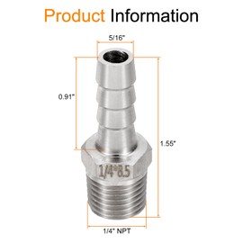 sourcing map 5pcs Stainless Steel Barbed Fitting 1/4" NPT Male to 5/16" Hose ID for Home Brew Pipe Fitting Direct Thread Tower Connector Durable Construction