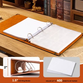Ovesmusl Leather D Ring Binder Fits 8.5"x11" Letter Size Paper, 1.5 Inch EZD Ring Binders Holds 400 Sheets, Notepad Paper Cover Loose Leaf Organizer with Inner Pockets, Brown Tree