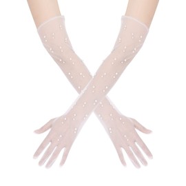 1 Pair Pearl Wedding Gloves - Elegant Long Tulle Bridal White Lace for Brides, Girls, Women