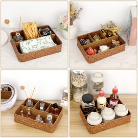 Hipiwe Tea Bag Sugar Packet Holder Woven Seagrass Storage Basket 4 Sections Wicker Pantry Organizer Hand-Woven Divided Basket Coffee Condiment Organizer for Drawer Shelf Countertop Caramel