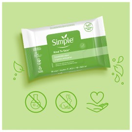 Simple Kind to Skin Facial Wipes Gentle and Effective Makeup Remover Cleansing Free from color and dye artificial perfume and harsh chemicals 25 Wipes