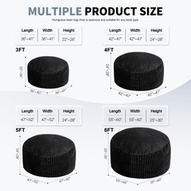 Homguava 4 FT Bean Bag Chair,4' Big Bean Bag,Large Bean Bag Chairs for Adults with Memory Foam Filled,Comfy Beanbag Chairs Soft Bean Bag Sofa with Dutch Corded Plush Cover-Black