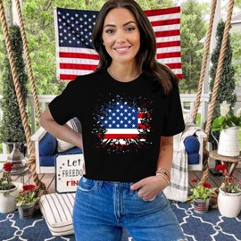 IFQ Womens American Flag Shirt USA Firework Patriotic Print T-Shirt 4th of July Crewneck Tee