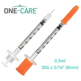 ONE-CARE Syringes 0.3 ml/cc, 30G x 5/16’’ (8mm), Orange Cap, 100/box