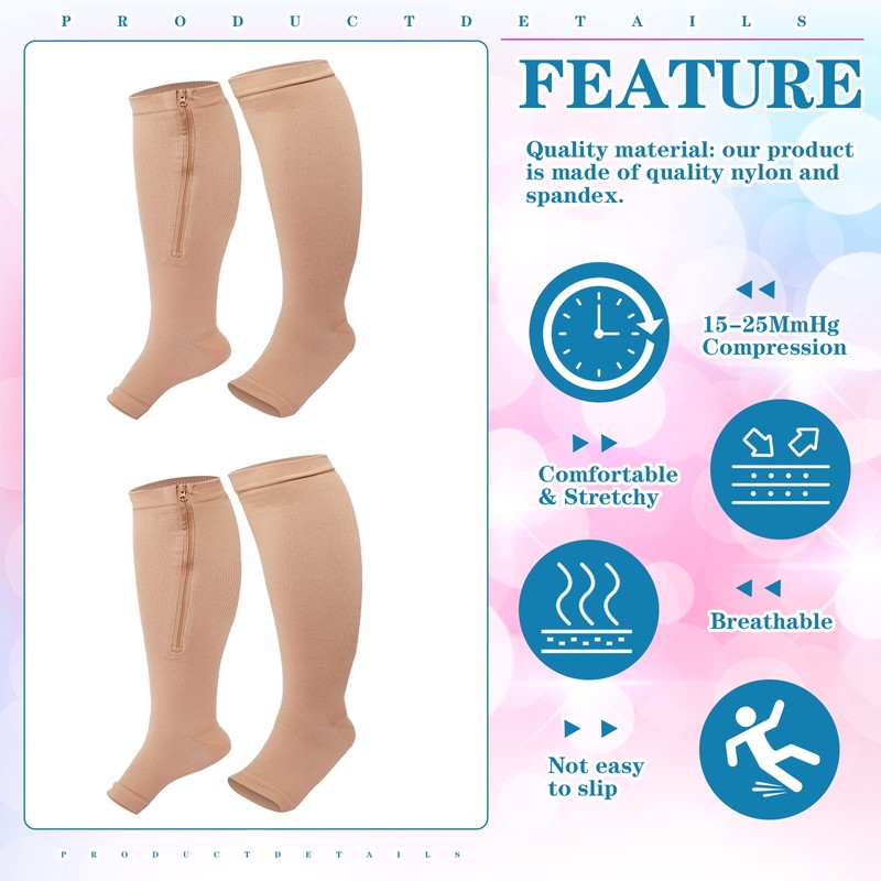 Hillban 2 Pair Plus Size Calf Zipper Compression Socks 15