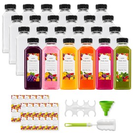 12oz Plastic Juice Bottles with Caps (24 Pack) – Reusable Clear Empty Containers for Smoothies, Milk, Sensory Jars – Leak Proof Tamper Evident Lids, Includes Labels, Funnel & Brush – Food Grade