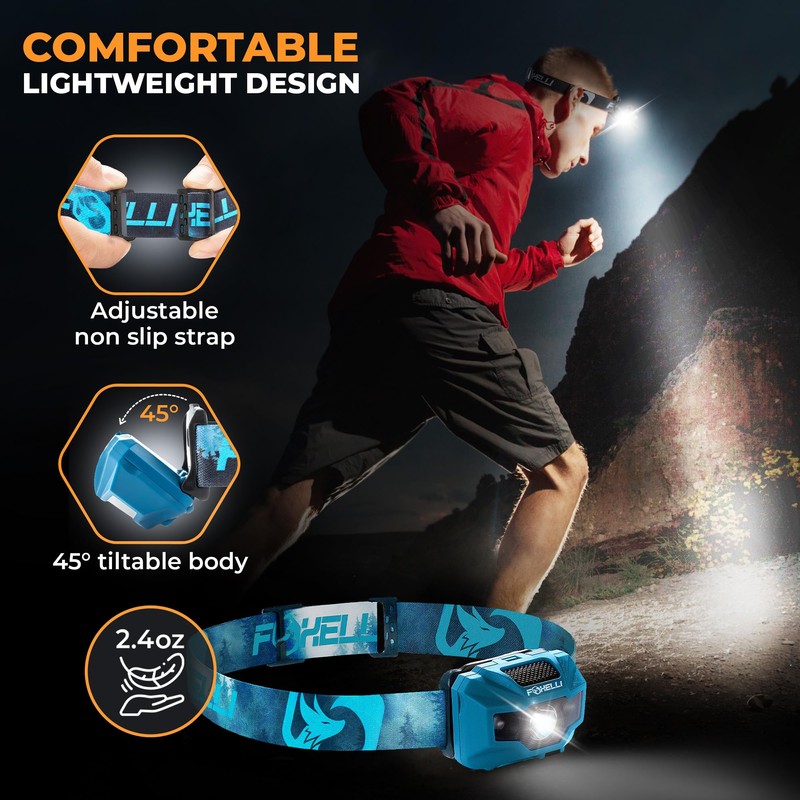 Foxelli USB‑C Rechargeable LED Headlamp – Ultra‑Light 2.4 oz & Bright 180 Lumens – Red/White Light,