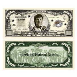 American Art Classics Jesse James $100,000.00 One Hundred Thousand Dollar Bill in Protective Holder