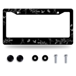 Black White Hummingbird License Plate Frame Leaves Floral Flowers License Plate Frames Funny Auto Accessory Stainless Steel Birds License Plate Decoration for Women Men 12 x 6 Inch