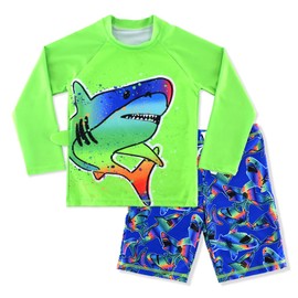 CARMEISON Boys UPF 50+ Long Sleeve Rash Guard and Swim Trunks Outfit Set Toddler to Big Boy Sizes Green Shark 3T