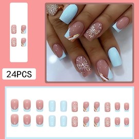 Nude Blue Gold Butterfly Fake Nails Press On Nails Medium Short Coffin Square,Glossy with Designs Full Cover Acrylic Glue on Nails Short Square False Nails Thick French Tip Stick on Nails for Women 24Pcs F013(568)